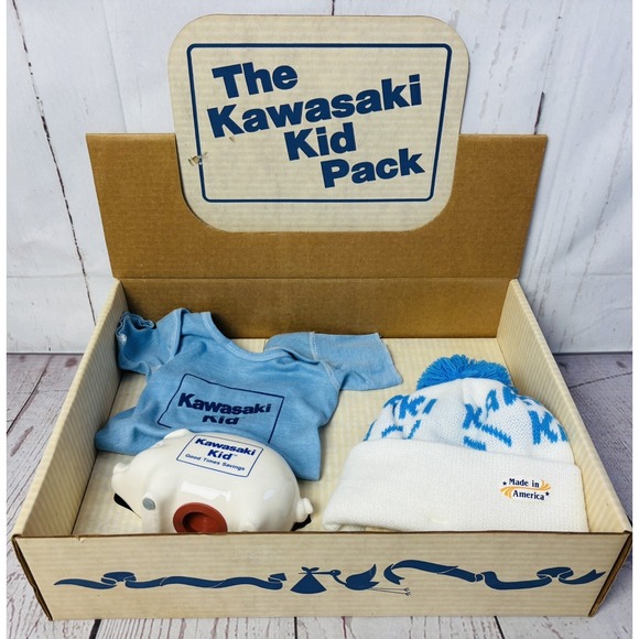 RARE 1980s Kawasaki Kid Baby Set NOS 18M Tee Hat Piggy Bank VTG Motorcycle